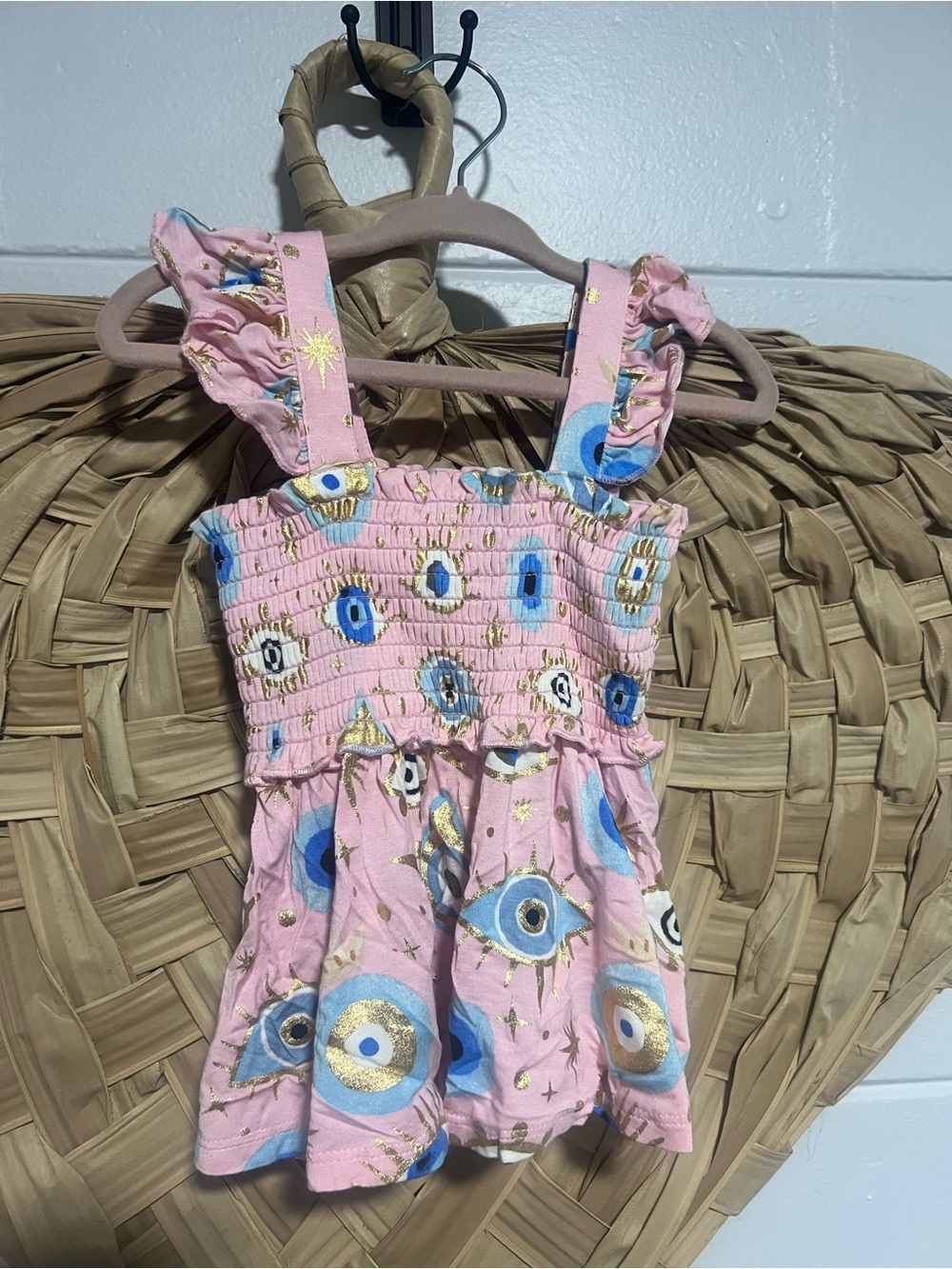 Posh Peanut Pink Smocked Tank Top with Blue & Gold Motif